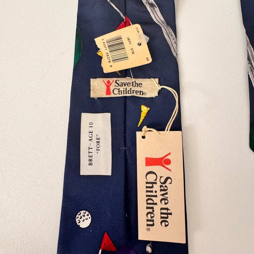 Vintage NWT Save the Children Necktie Men OS Navy Blue Silk Golf Fore‎ Novelty